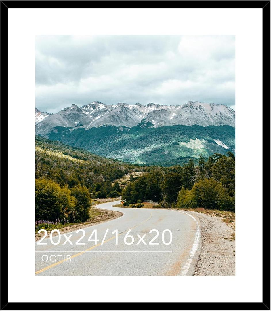 Wood 20x24 Picture Frame with 16x20 Mat Black, Display 16x20 with Mat or 20x24 Without Mat, Wood 20 by 24 Photo Frame, 20 x 24 Frame for Wall Hanging Display, Black