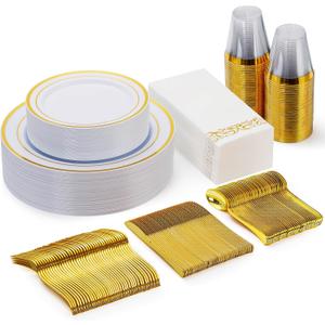 Goodluck 175 Pieces Gold Dinnerware Set for 25 Guests, Plastic Plates Disposable for Party, Include: 25 Dinner Plates, 25 Dessert Plates, 25 Paper Napkins, 25 Cups, 25 Gold Silverware Set