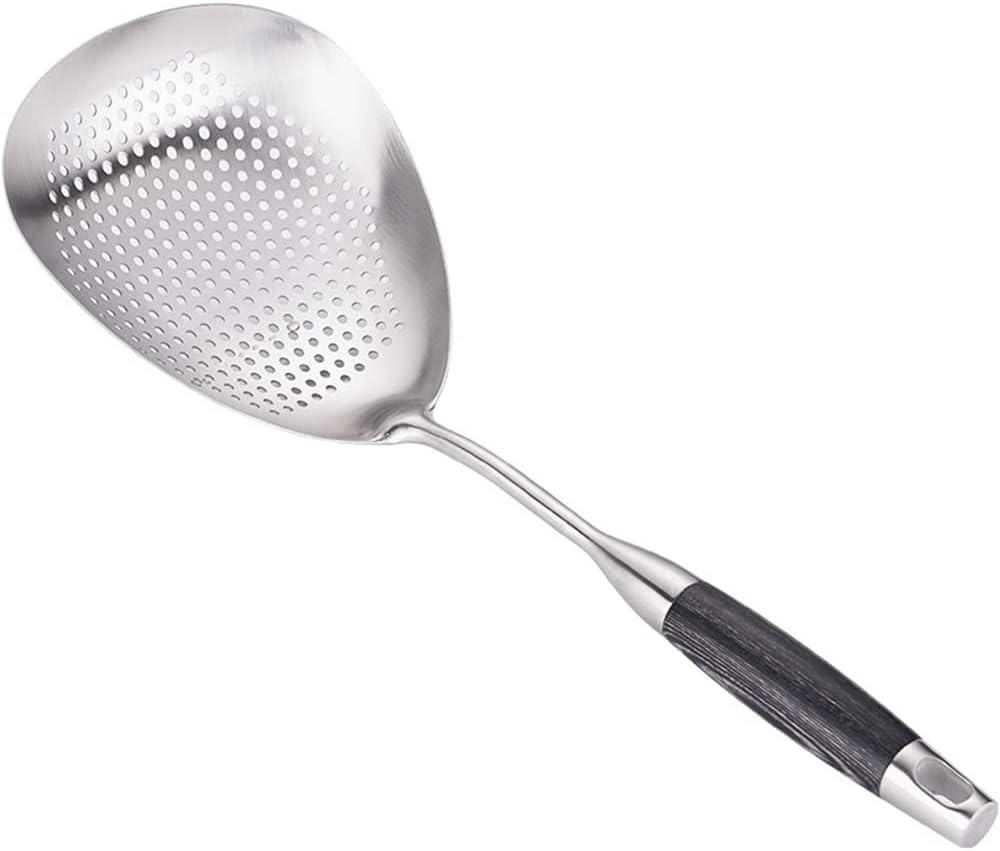 Skimmer Slotted Spoon - 304 Stainless Steel Mesh Strainer Spoon - 15in Large Slotted Pasta Spoon with Wooden Handle - Colanders & Food Strainers Spoon for Kitchen Cooking Draining and Frying (Medium)