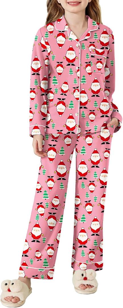 Arshiner Pajamas Set for Girls Plaid Long Sleeve Lounge Set Button Down Pj Sets (7-8 Years, Pink Christmas)