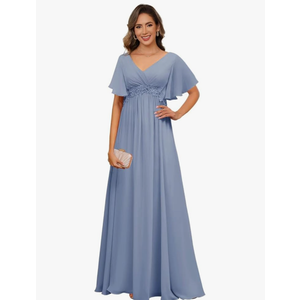 Miao Duo Short Sleeves Plus Size Mother of The Bride Dresses for Curvy Women V Neck Formal Dresses with Pockets YZTS224 (Dusty Blue, 12)