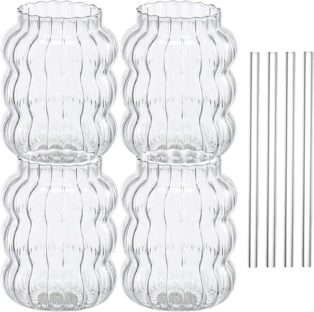 8Pcs Ribbed Glass Cups Set Creative Wavy Drinking Glasses Clear Glassware for Coffee Cocktail Juice Water Soda Tea Drinking Glasses Straws 650ml