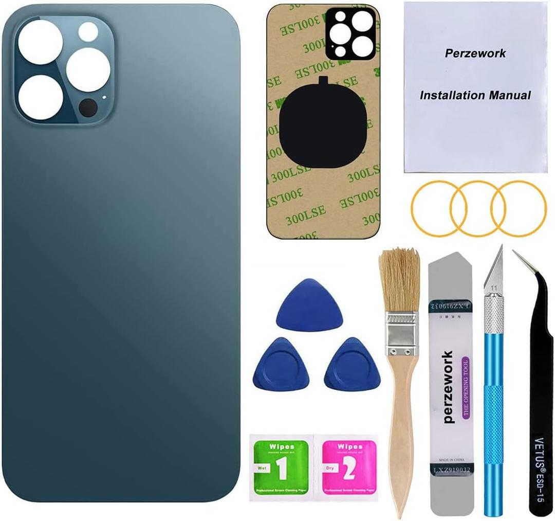 Perzework OEM Rear Back Glass Replacement (Pacific Blue) Compatible with iPhone 12 pro max 6.7 inches All Carriers with Pre-Installed Adhesive and Repairing Tool Kits