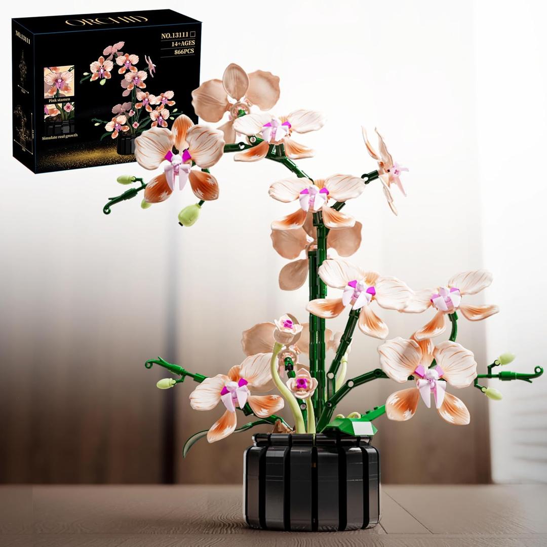 Artificial Orchid Flower Building Block Set with Vase 866pcs, Compatible with Lego Botanical Plant Floral Model Kits, Home Office Decor, Gift for Mother's Day, Anniversary, Birthday for Adults Teens
