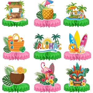 2 x Hawaiian Luau Party Decorations Set, 9 Pcs Aloha Honeycomb Centerpieces for Tables, Tropical Tiki Beach Summer Pool Theme Birthday Party Supplies with Flamingo Surfboard Designs