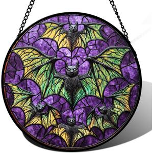 Stained Glass Window Hanging - Halloween Decorations Bats Suncatcher for Doors Garden Indoor Spooky Funny Purple Sun Catchers Gothic Decor Horror Gifts for Women Men Friend 15 in