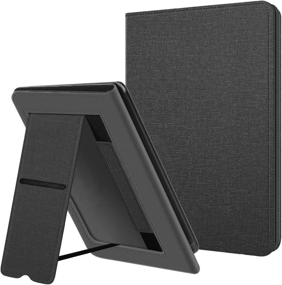 Plobors Case for Kindle Paperwhite E-Reader (7",12th Generation, 2024 Release), Soft PU Leather Cover with Auto Wake/Sleep Hand Strap Foldable Stand Compatible with LG 7 eReader (Black)