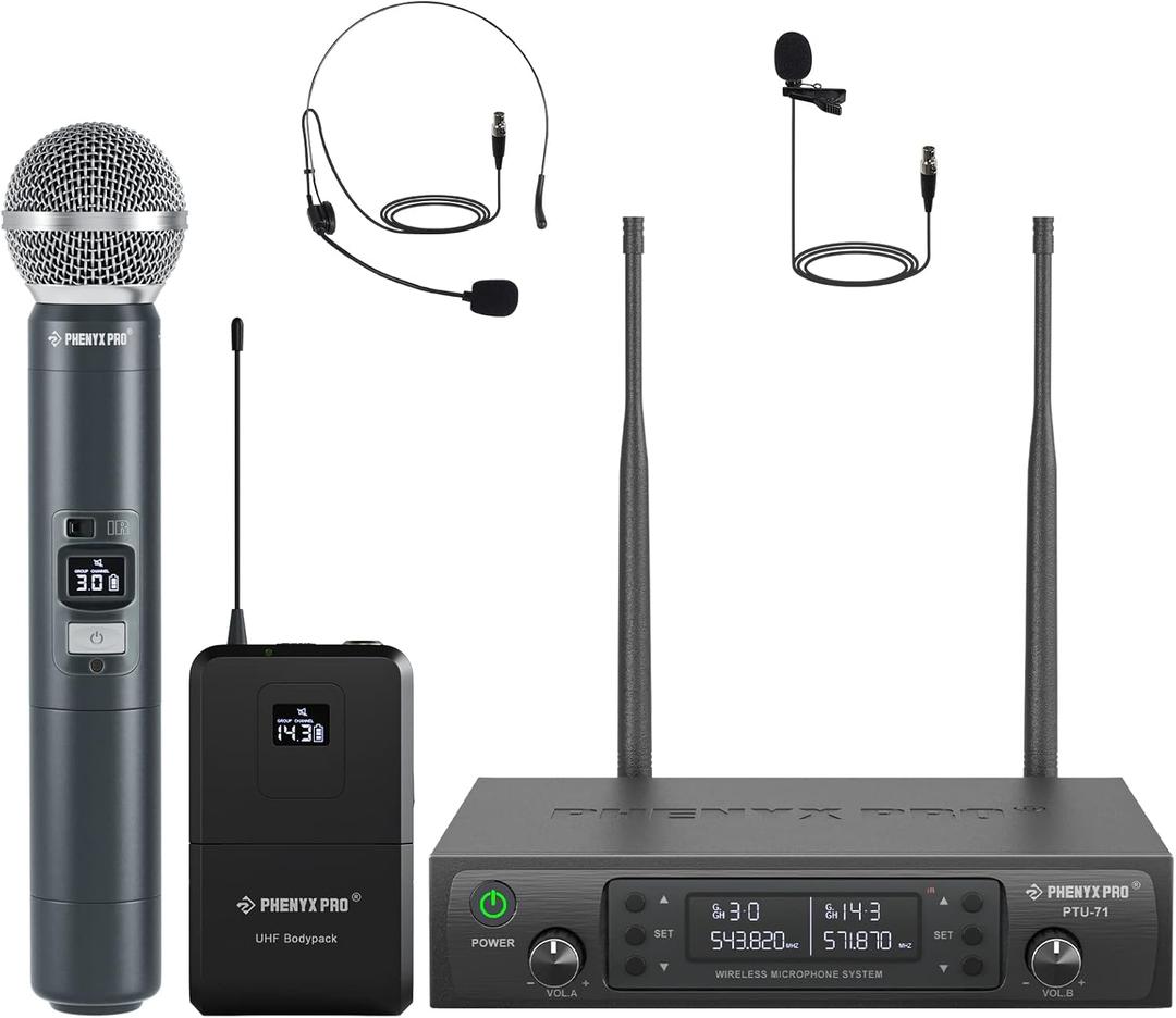 Phenyx Pro Wireless Microphone System, Dual Mic Set with Handheld/Bodypack/Lapel Mics, Auto Scan, 2x100 UHF Frequencies,328ft Range,Cordless Microphone for Singing, Karaoke, Church (PTU-71-1H1B)