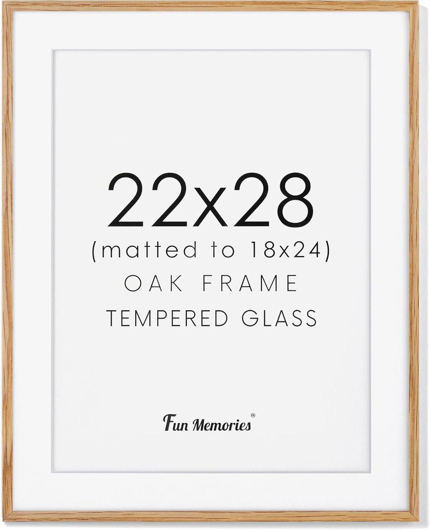 22x28 Picture Frame, 22 x 28 Poster Frame - Solid Oak Wood and Tempered Real Glass, 22"x28" Wood Frame, 22x28 Picture Frame Matted to 18x24, 22 by 28 Art Frame, Natural Oak Color, 22x28 - 1P