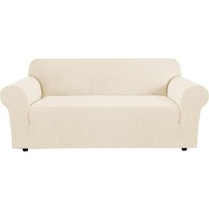 H.VERSAILTEX Stretch Couch Covers for Sofa 1 Piece Slipcovers for Couches and Sofas 3 Seater Couch Cover Feature Thick Checked Jacquard Fabric with Elastic Bottom, 72"-88" Wide, Cream