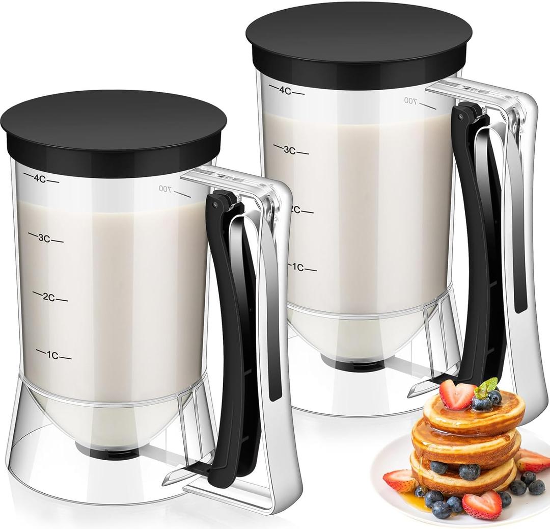 FillTouch 2 Pcs Cupcake Batter Dispenser Pancake Mix Dispenser 4 Cups with Squeeze Handle Tools for Pancake, Cupcake, Cookie, Cake, Waffles, Ice Cream Baking Gifts for Kitchen Housewarming (Black)