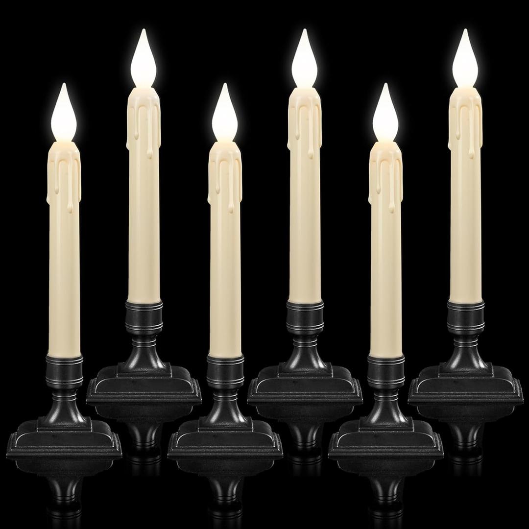 6 Pcs Sensor Dawn to Dusk Window Candles, Flickering Battery Candles for Windows, Ultra Bright Fake Candle Lights with Black Holders, Led Candlesticks for Xmas Home Decor, White Light