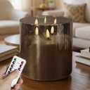 NICEME Extra Large 3 Wick Battery Operated Candle, 6"x6" Big Clear Glass Flameless Candles with Remote, Real Wax Flickering Led Pillar Fake Giant Candle for Wedding Party Holiday Home Decor, Grey