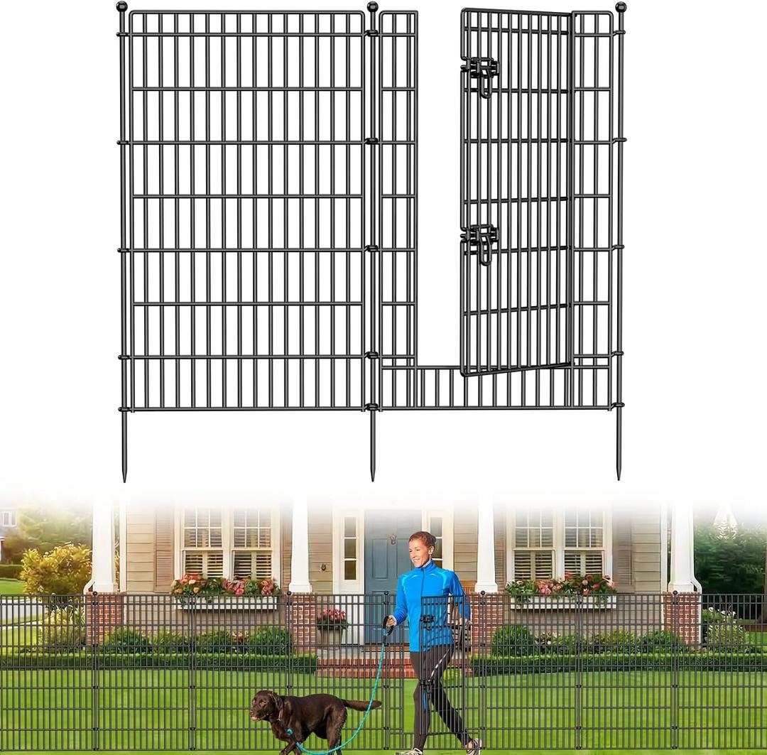 5 Panels No Dig Garden Fence with Gate, 44in(H) 11.8ft(L) Decorative Metal Outdoor Dog Fence, Rustproof Pet Fencing for Yard, Patio, Flower Bed -Temporary Fencing| Easy to Install