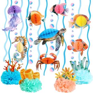 OBBOLO Under the Sea Party Decorations, Ocean Birthday Party Decorations with 4 Table Centerpieces, 8 Hanging Ocean Animal Honeycombs and 4 Bubble Garlands for Beach Baby Shower Party Supplies