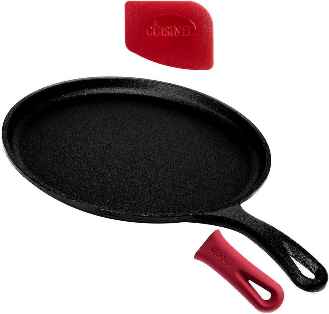 Cast Iron Round Griddle - 10.5-Inch Crepe Maker Pan + Silicone Handle Cover - Pre-Seasoned Comal for Tortillas Flat Skillet - Dosa Tawa Roti Grill - Oven, Stovetop, Induction Safe. PFAS and PFOA-free