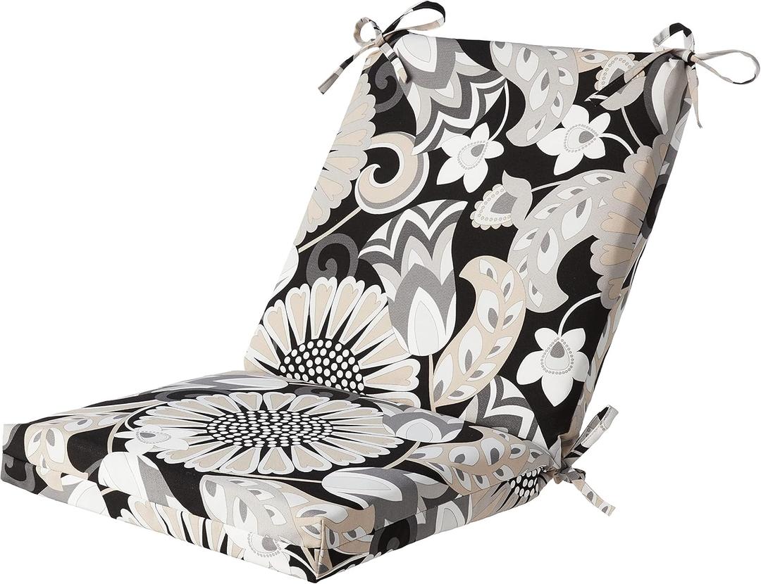 Pillow Perfect Floral Indoor/Outdoor Solid Back 1 Piece Square Corner Chair Cushion with Ties, Deep Seat, Weather, and Fade Resistant, 36.5" x 18", Black/White Sophia, 1 Count