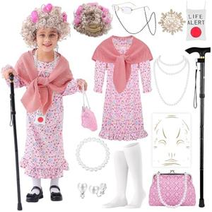 VillbeCoser 100 Days of School Old Lady Costume Set Grandma Dress Up Cosplay Accessories for Girls 13PCS PinkRose M