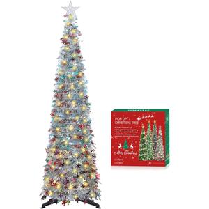 HMASYO 5 FT Pop Up Christmas Tree with Timer Lights, Colored Silver Tinsel Snowflake Christmas Tree, Collapsible Artificial Pencil Tree Xmas Decoration for Home, Office, Party, Easy Assembly