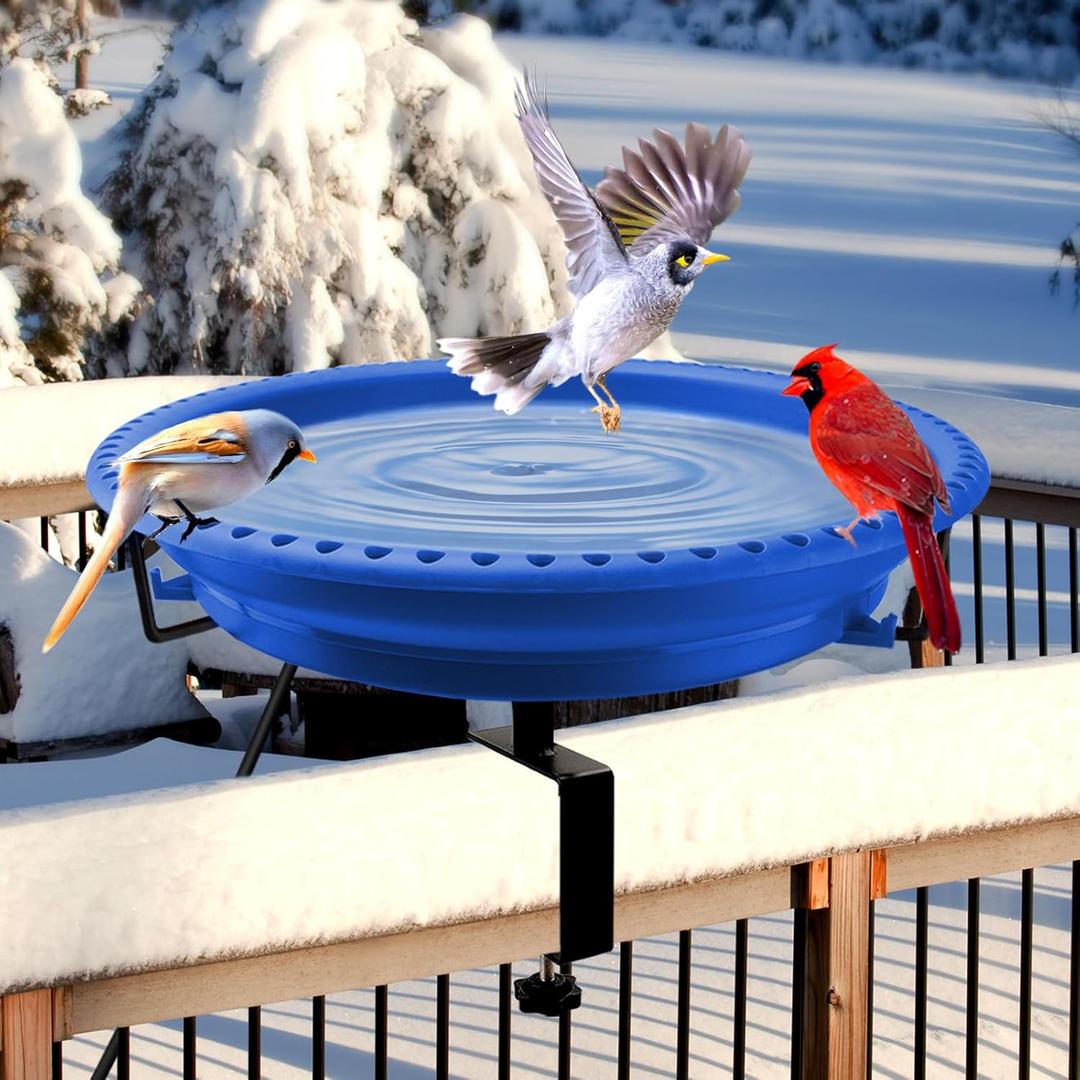 Daoeny Heated Bird Baths for Outdoors, Upgraded 100W Thermostatically Controlled Heated Bird Bath for Deck Railing, Heated Bird Bath for Outside Winter Garden Yard Patio Decor (Blue)
