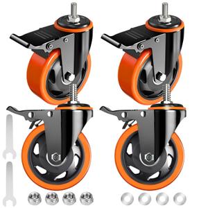 Stem Caster Wheels 4 inch Locking Threaded Stem Casters Set of 4 Heavy Duty, 1/2"-13 x 1(Stem Diameter 1/2",Stem Length 1"), No Noise Swivel Casters Industrial Castor Wheels for Cart, Furniture