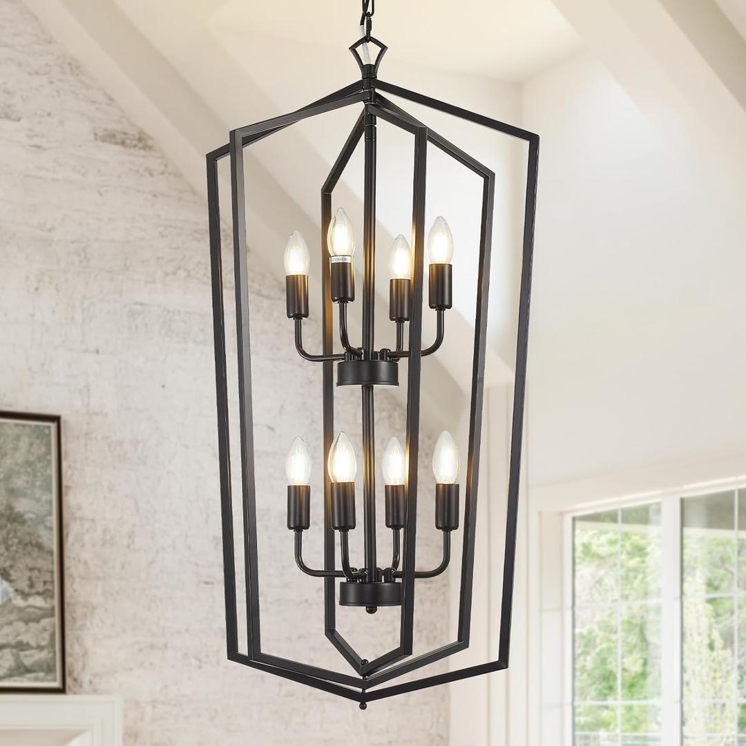 WJShome Black Chandelier, 8-Light Tiered Lantern Pendant Light, Modern Farmhouse Foyer Lighting Fixtures, Large Chandeliers for High Ceilings, for Foyer, Staircase, Entryway