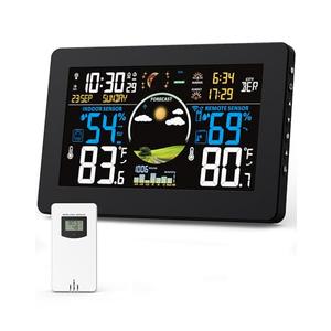 Zivron Weather Station Wireless Indoor Outdoor Thermometer, 7.5" VA Display with Remote Sensor, Home Weather Station with Weather Forecast, Temperature, Humidity, Atomic Clock, Black