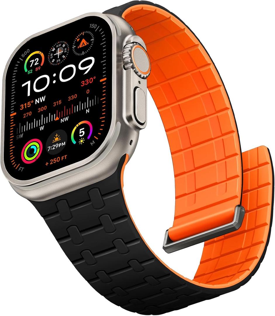 Suitisbest Compatible with Apple Watch Bands for Men 44mm 45mm 46mm 49mm 42mm Women, Silicone Magnetic Sport Loop Strap for iWatch Ultra 3 2 Series 11 10 9 8 7 6 5 4 3 SE3 (Black/Orange)