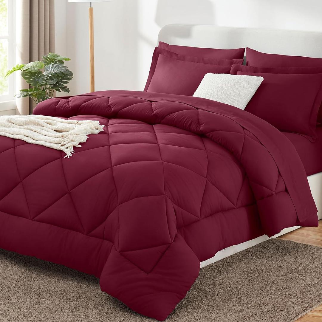 CozyLux King Comforter Set 7 Pieces Bed in a Bag Burgundy All Season Bedding Sets with Comforter, Pillow Shams, Flat & Fitted Sheet and Pillowcases, King (King, Burgundy)