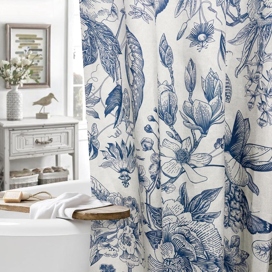 MUGINYU Boho Blue Floral Linen Shower Curtain for Bathroom - Rustic Farmhouse cottagecore Print Pattern Botanical Boho Shower Curtain Set Aesthetic Chinoiserie Vintage Bathroom Decor