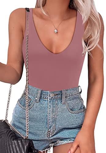 SAUNGKUAI Women’s Bodysuit Sexy Plunge Deep V Neck Backless Sleeveless Tank Thong Body Suits Outfits for Going Out, L
