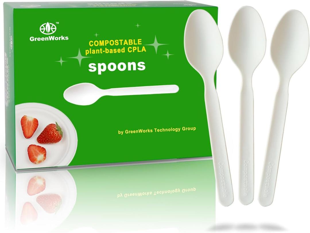 GreenWorks 200 Count Heavy-duty Compostable spoons, BPI Certified Large Disposable Flatware Utensils Spoon (7 IN)