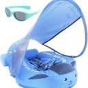Mambobaby Float with Canopy and Tail New Upgraded Non-Inflatable Baby Pool Float Mambo Float Swim Trainer Solid Infant Swim Float Adjustable Pearl Foam Baby Swim Ring (blue cloth)