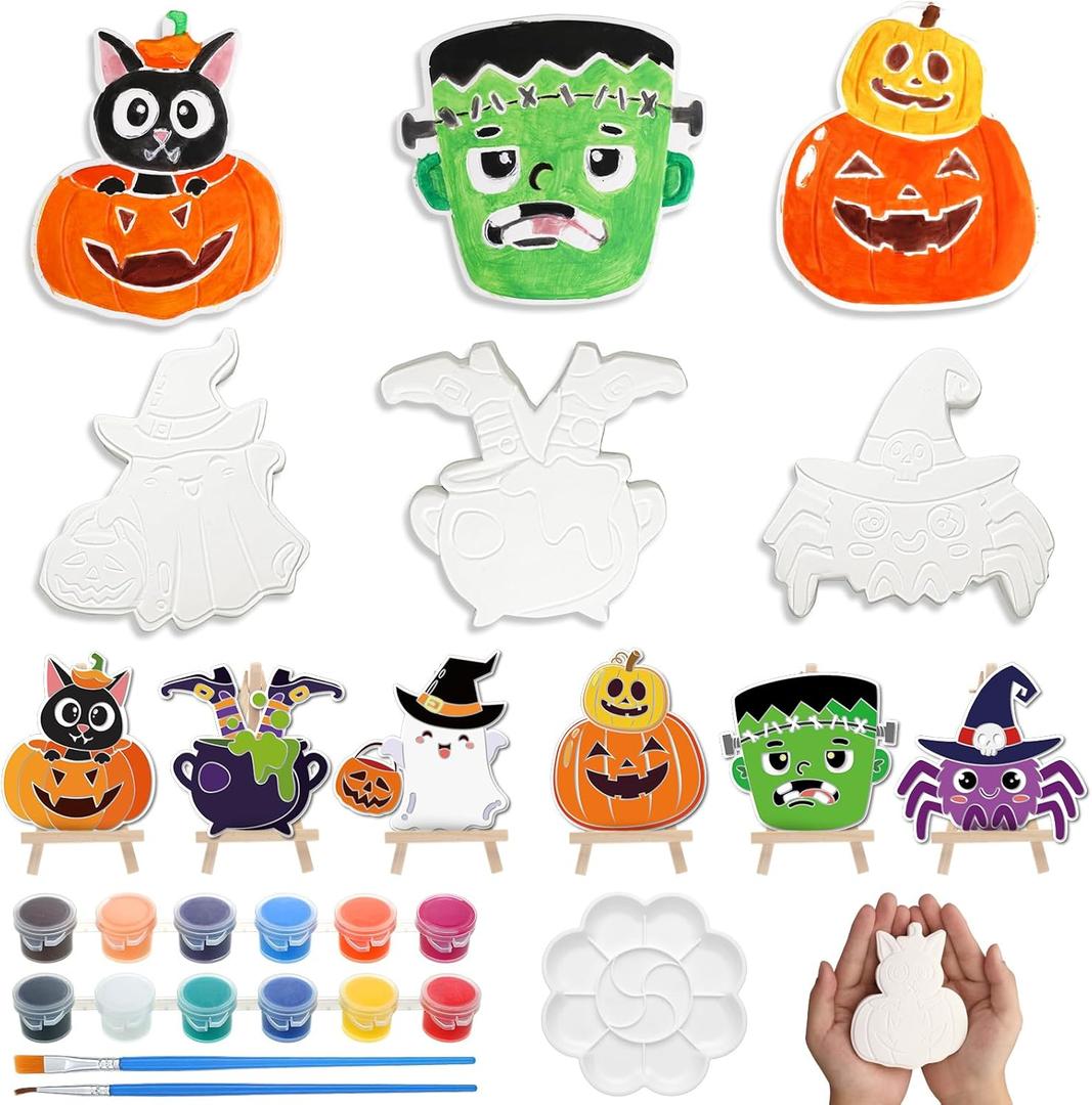 Yalikop 6 Sets Halloween Painting Crafts, Paint Your Own Halloween Ceramic Crafts with Brush and Easel, Pumpkin Spooky Ghost Spider Black Cat Witch Holiday Ceramics to Paint Unpainted Plaster Supplies