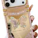 Cute Compatible with iPhone 17 Pro Max Case with Luxury Bling Glitter Butterfly Foldable Stand Kickstand,Girly Soft PC Mirror Designer Bumper Protective Cover for Women & Girls(Pink)