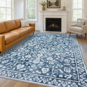 Vintage 9x12 Area Rugs, Blue and White Washable Living Room Rug Non-Slip Thin Large Area Rug Printed Faux Wool Floor Super Soft Carpet Throw Rugs for Bedroom Dining Room Playroom Office