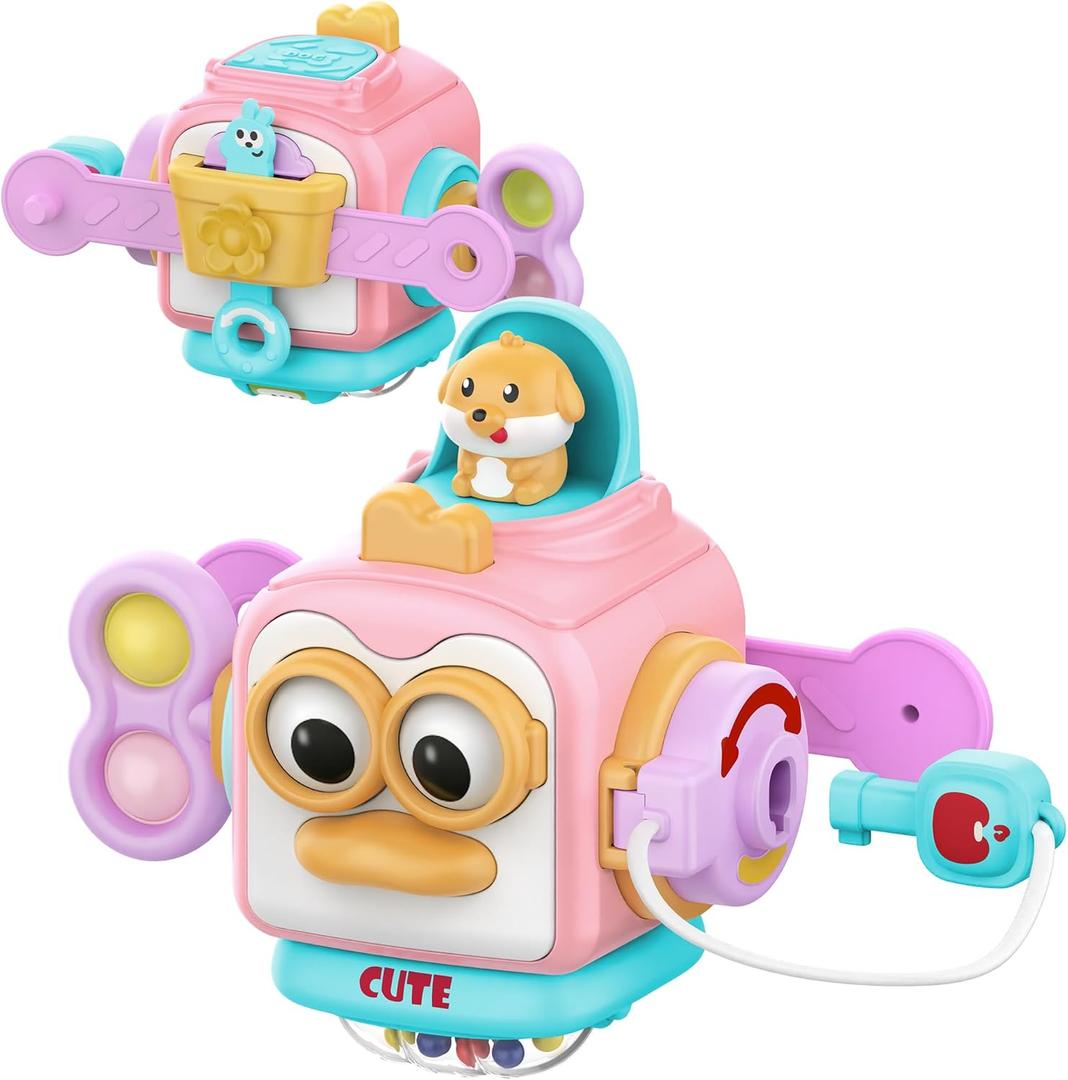 SOONYANG Montessori Toys for 1 Year Old Girl, Toddler Toys Travel Activities Busy Board Cube for 1 Year Old Girl Gifts, Sensory Toys for Baby Gifts, Learning Fine Motor Skills Toddler Girl Toys (Pink)