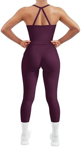SUUKSESS Women 2 Piece Workout Sets Compression Tummy Control Leggings with Pockets Halter Built in Bra Tank Tops Medium, Violet