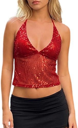 Women Sexy Sparkly Sequin Halter Backless Camisole Y2k Shiny Vneck Spaghetti Strap Tie Up Crop Tank Top Rave Clubwear No Size