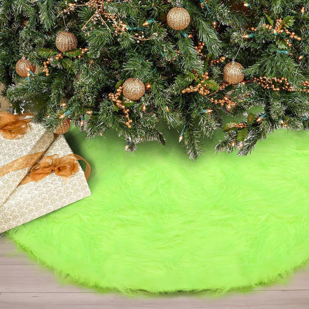 36 Inch Lime Green Christmas Tree Skirt Green Faux Fur Christmas Tree Skirt Round Soft Plush Xmas Trees Mat Decoration for Holiday Home Party Xmas Trees Decoration
