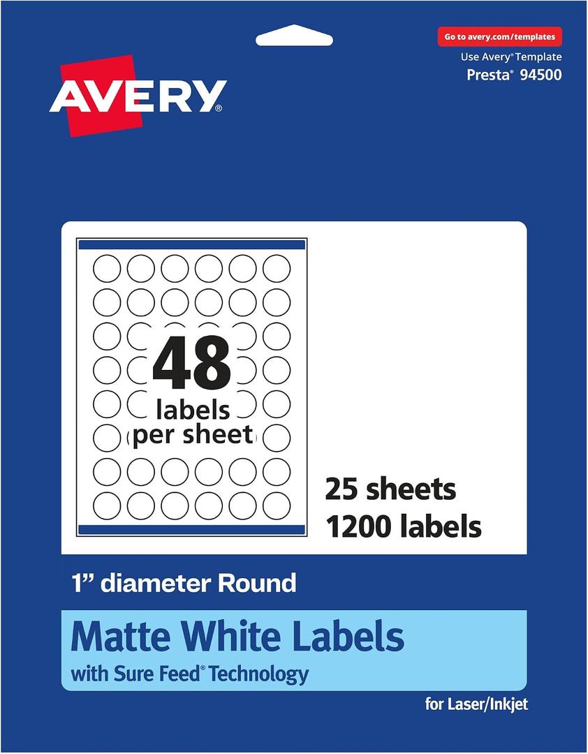 Avery Matte White Round Labels, Sure Feed Technology, 1" Diameter, 1,200 Matte White Printable Labels