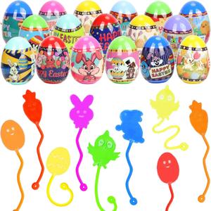Easter Eggs with Sticky Stretchy Toys Inside  24 Pack Filled Easter Eggs, Assorted Easter Elements, Surprise Party Favors for Kids, Egg Hunt, Easter Basket Stuffers