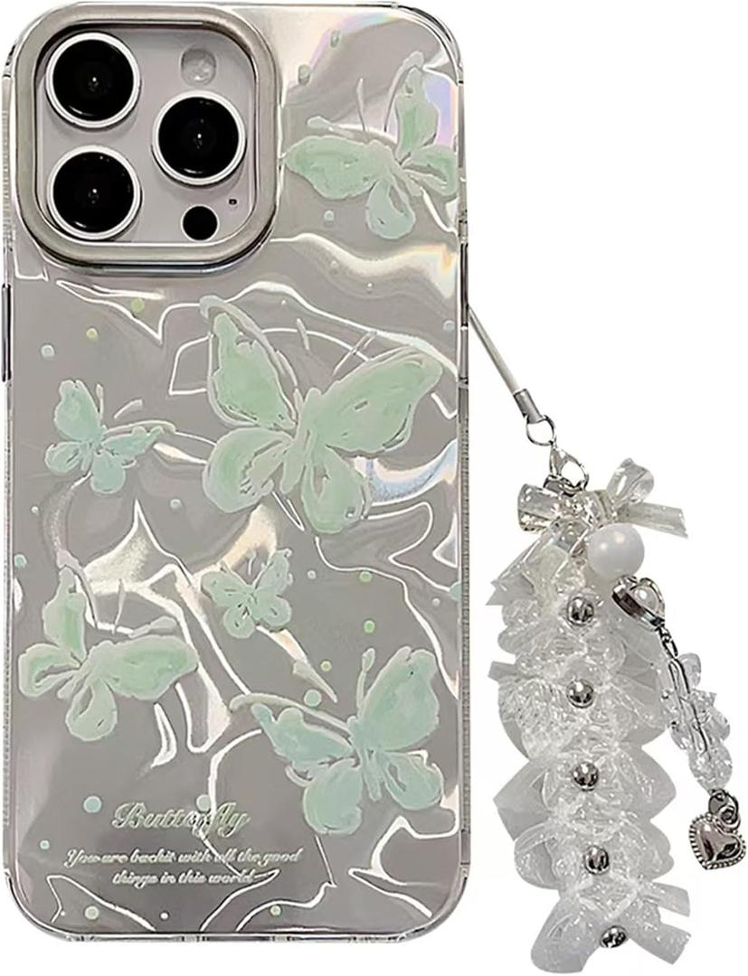 Mint Green Butterfly Case for iPhone 16 Plus with Lace Charm Shockproof Silicone Cover Anti-Scratch Elegant Phone Case & Detachable Lace Accessory for iPhone 16 Plus