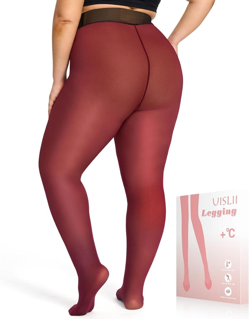 Plus Size Fleece Lined Tights Women,Warm Pantyhose Leggings Women,Fake Translucent Thermal Skin Colored Tights Winter. (Red, M)