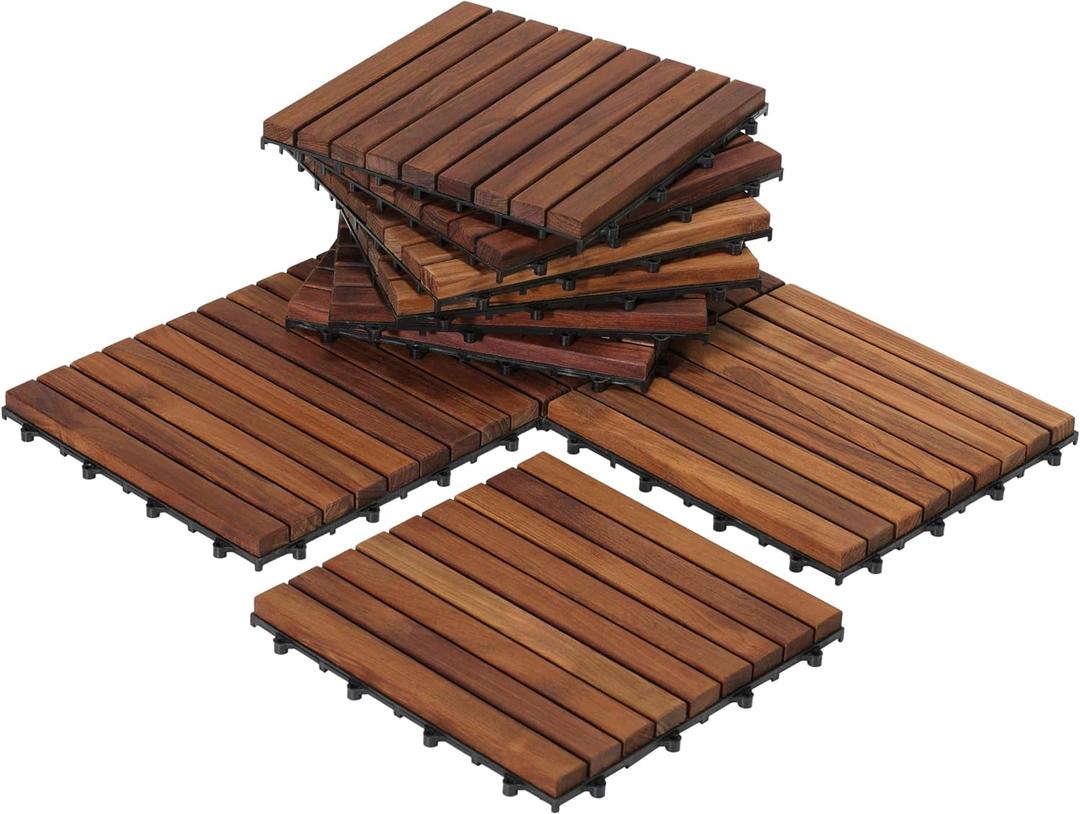 Bare Decor EZ-Floor Interlocking Flooring Tiles in Solid Teak Wood Oiled Finish (Set of 10), Long 9 Slat (10 sq ft)