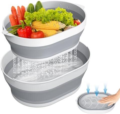 2 in 1 Collapsible Sink Basin - 5.3 QT Foldable Fruit Washing Bowl with Strainer - Silicone Collapsible Colander for Kitchen Organization RV Camping