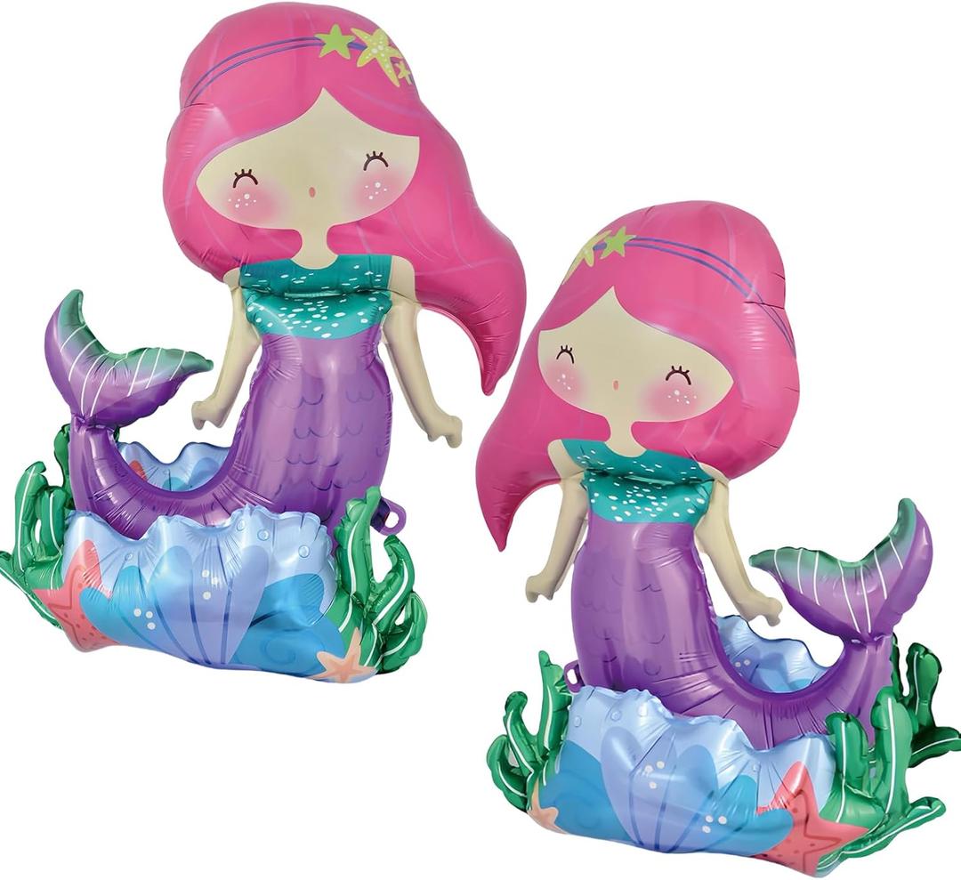 Self-Standing Mermaid Balloons  2 Pack Little Mermaid Birthday Decorations for Girls Under the Sea & Ocean Theme Party Supplies 26 Inch
