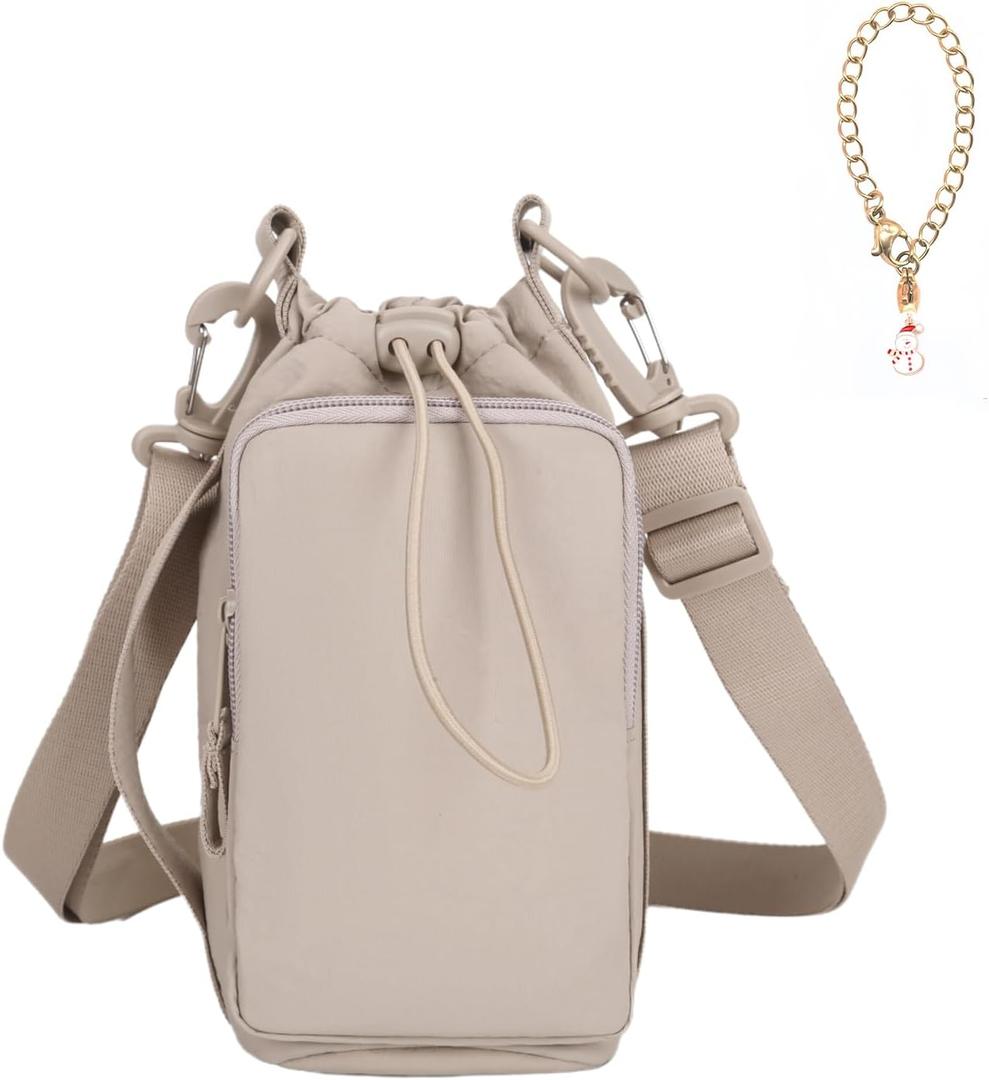 Water Bottle Holder with Phone Pocket for 40/32 oz,Water Bottle Holder/Sleeve with Adjustable Shoulder Strap and Charm. (Khaki)