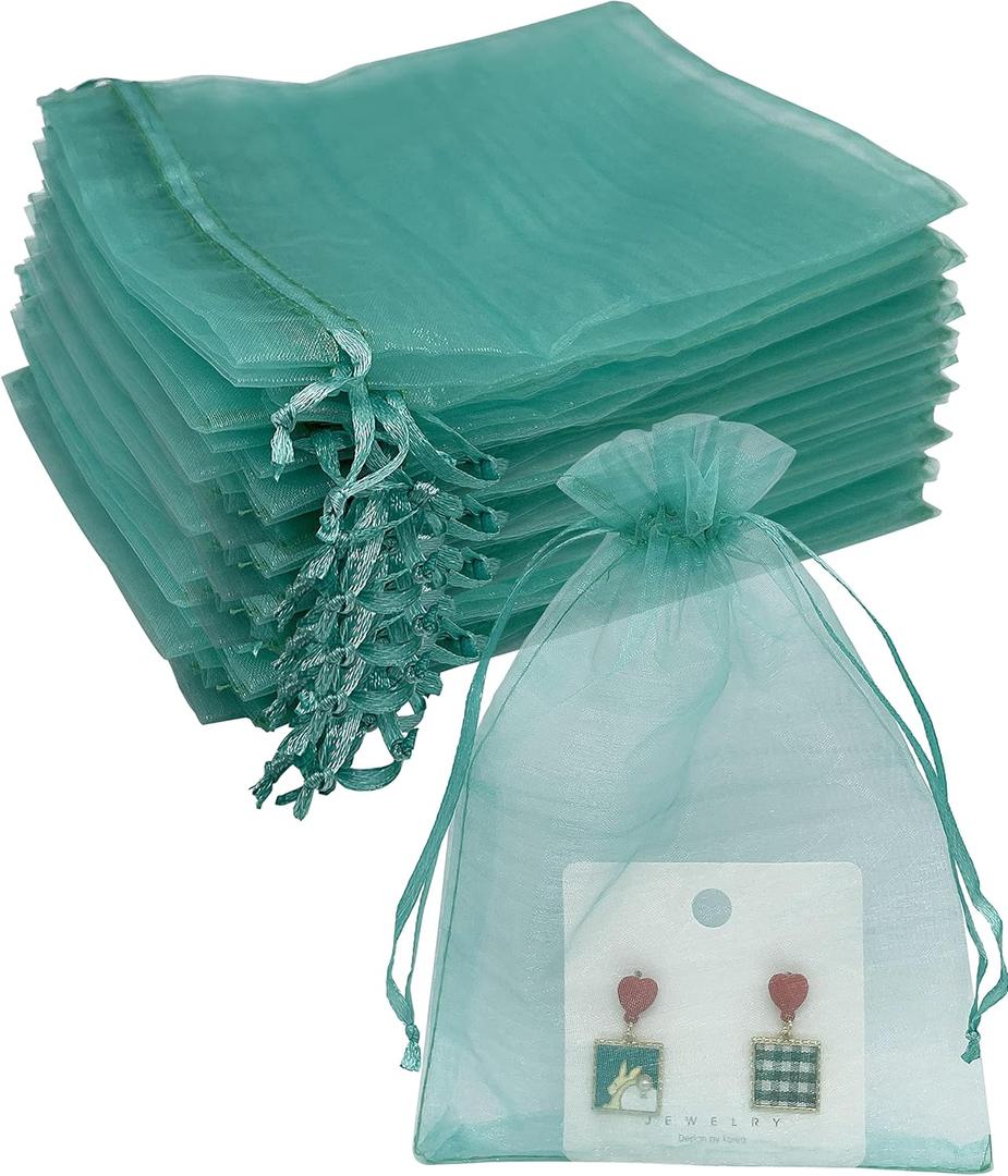 Jexila 100PCS Sheer Organza Bag 5''X7'' Teal Mesh Bags Drawstring Jewelry Gift Bag for Baby Shower Wedding Party Favor Pouch Goodie Bags (Aqua)