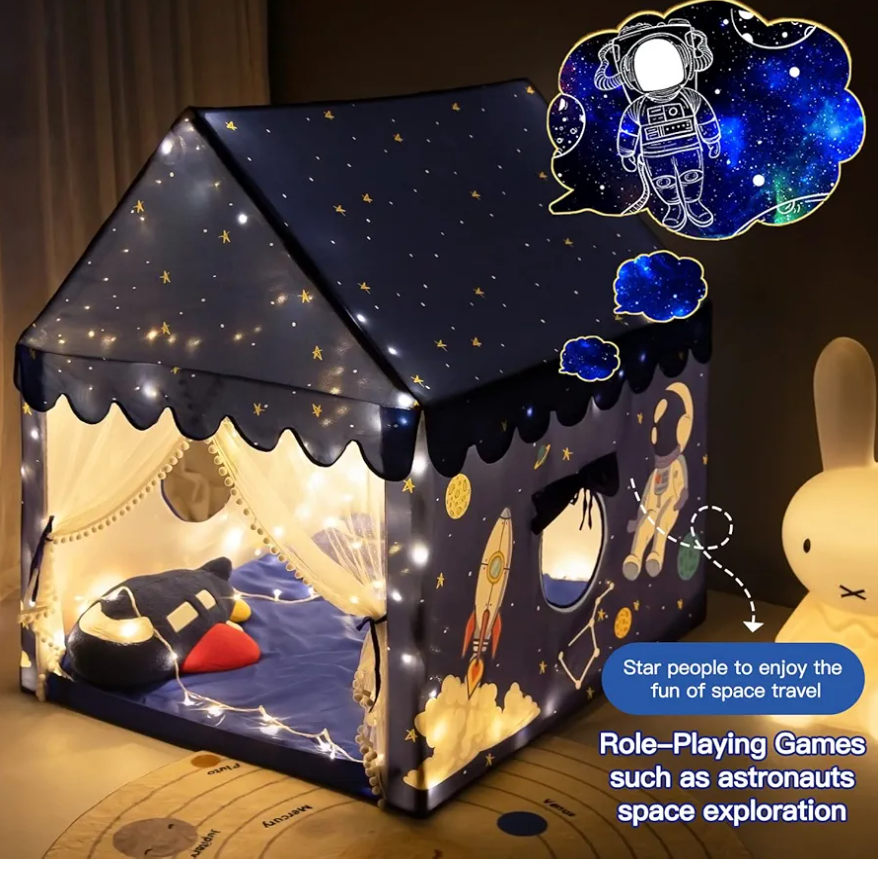 Kids Play Tent Playhouse Indoor Tent for Kids Boys Toddler, Large Castle Play House Bed Tents Spaceship Outer Space Rocket Blue, Kid Toys for Boy Girl Birthday House Gift